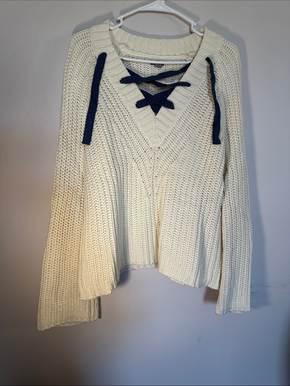 Cream/Navy Lace-Up V-Neck Knit Sweater
